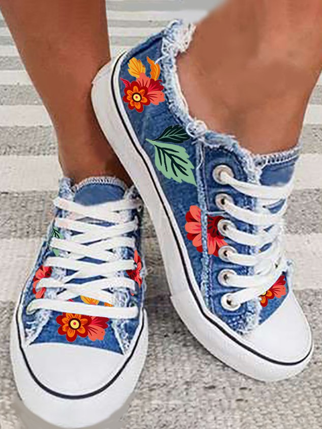 Floral Leaves Lace Up Sneakers Denim Sneakers