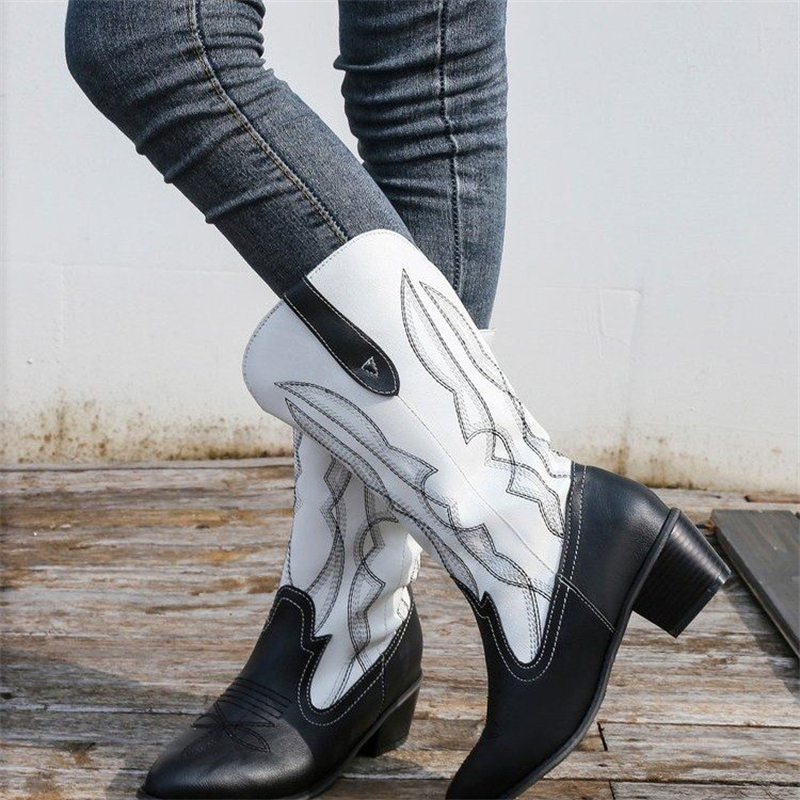 Ladies Retro Pointed Toe Embroidery Stitching Western Boots
