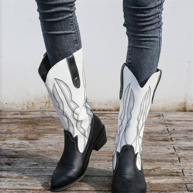 Ladies Retro Pointed Toe Embroidery Stitching Western Boots